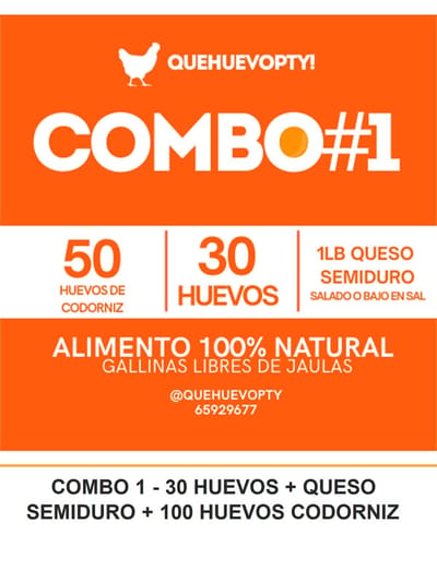 COMBO 1 - 30 HUEVOS + QUESO SEMIDURO + 50 HUEVOS CODORNIZ