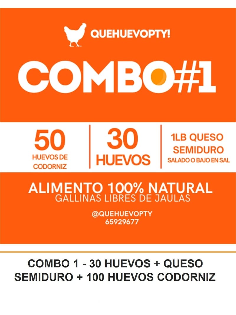 COMBO 1 - 30 HUEVOS + QUESO SEMIDURO + 50 HUEVOS CODORNIZ